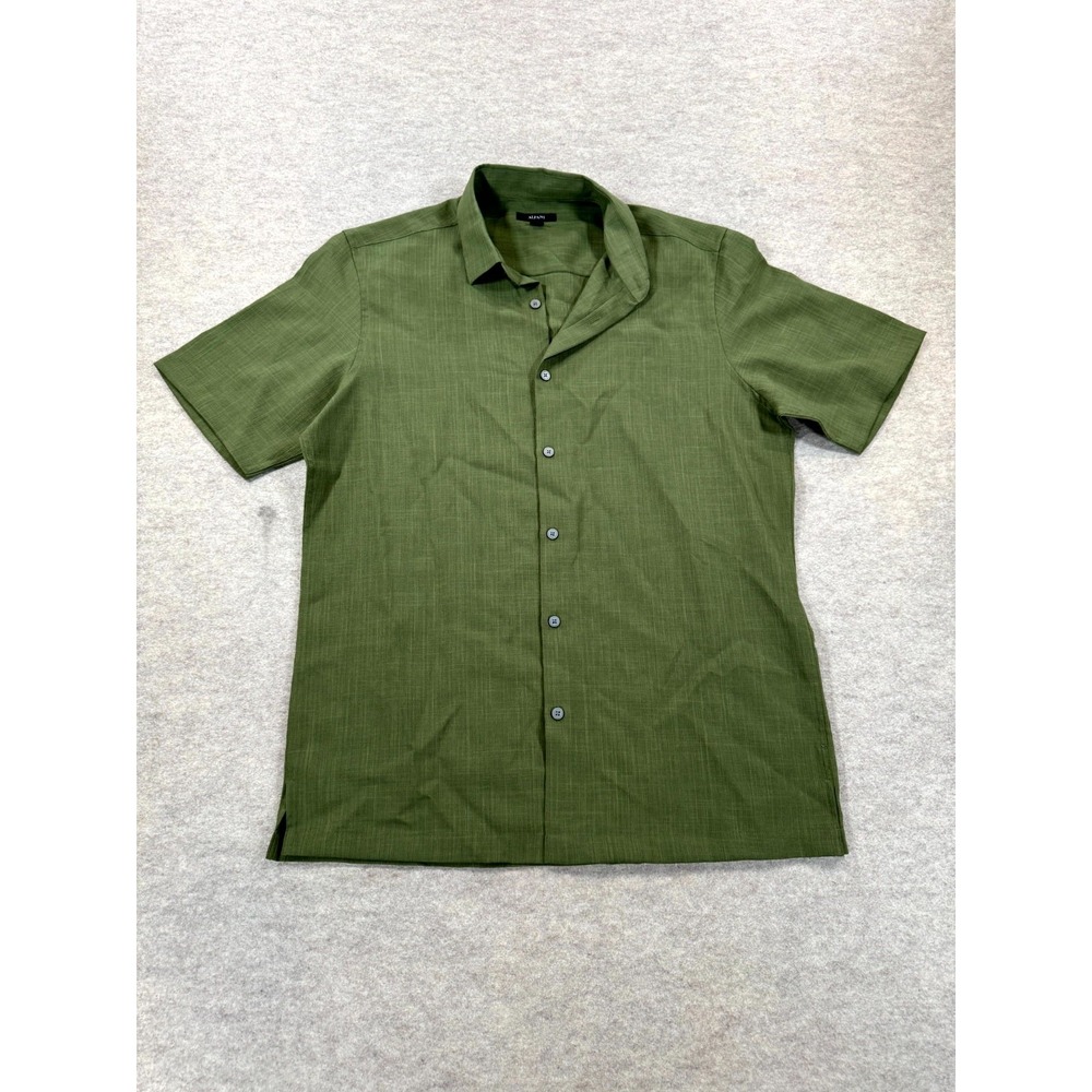Alfani Shirt Mens Medium Olive Green Cotton Side Slit Short Sleeve Button Up